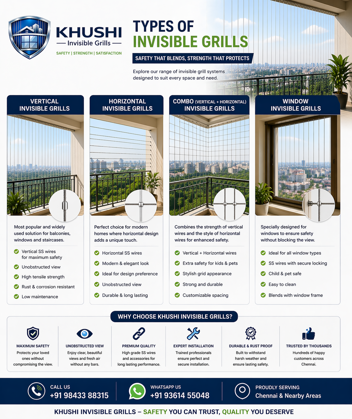 Types of Invisible Grills Chennai - Vertical Horizontal Window Combo